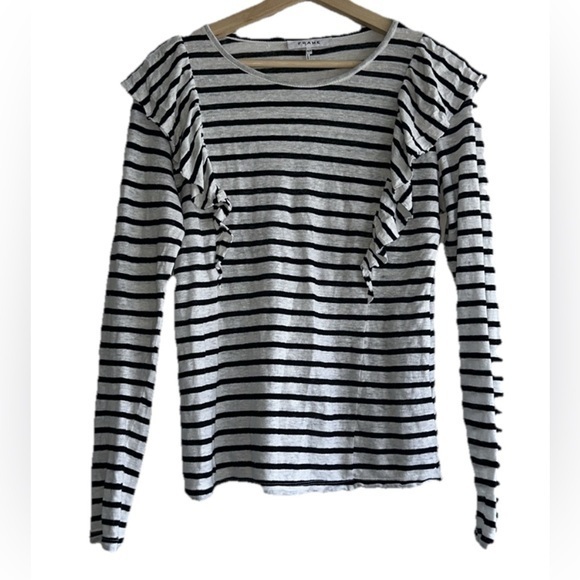 Frame Denim Tops - FRAME Black and White Striped Ruffle Long Sleeve Linen Top Sz. M